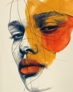 Visage de Femme avec Accents Orange et Rouges