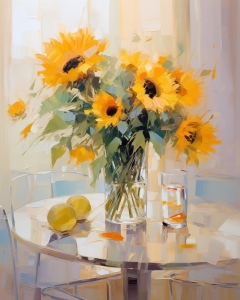 Sonnenblumen auf Glastisch