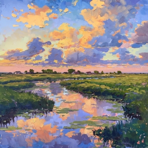 Atardecer sobre arroyo en zona pantanosa