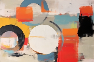 Cercles et Blocs Oranges sur Fond Jaune et Bleu