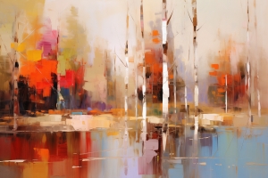 Autumn Birch Trees by a Reflective Pond