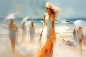 Mujeres en la Playa con Vestidos Blancos y Sombrillas