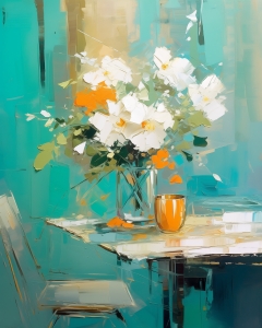 Fleurs blanches et orange dans un vase en verre avec tasse orange