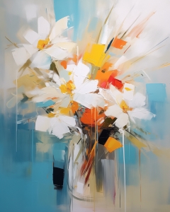 Abstrakte wei&szlig;e Margeriten mit gelben und orangefarbenen Akzenten