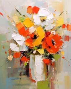 Rote, gelbe und wei&szlig;e Blumen in strukturierter Vase