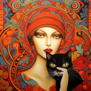 Donna con Gatto Nero e Foulard Ornamentale Rosso