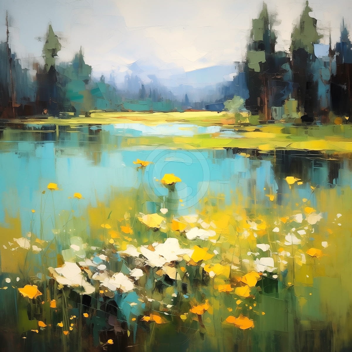 Radura con fiori selvatici e lago