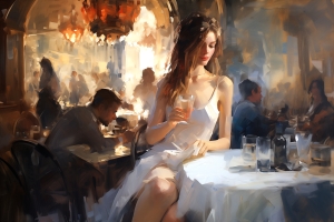 Donna con un Bicchiere in un Caff&egrave;