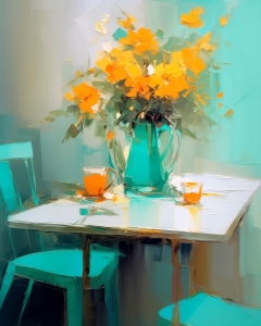Fleurs Jaunes sur Table Turquoise