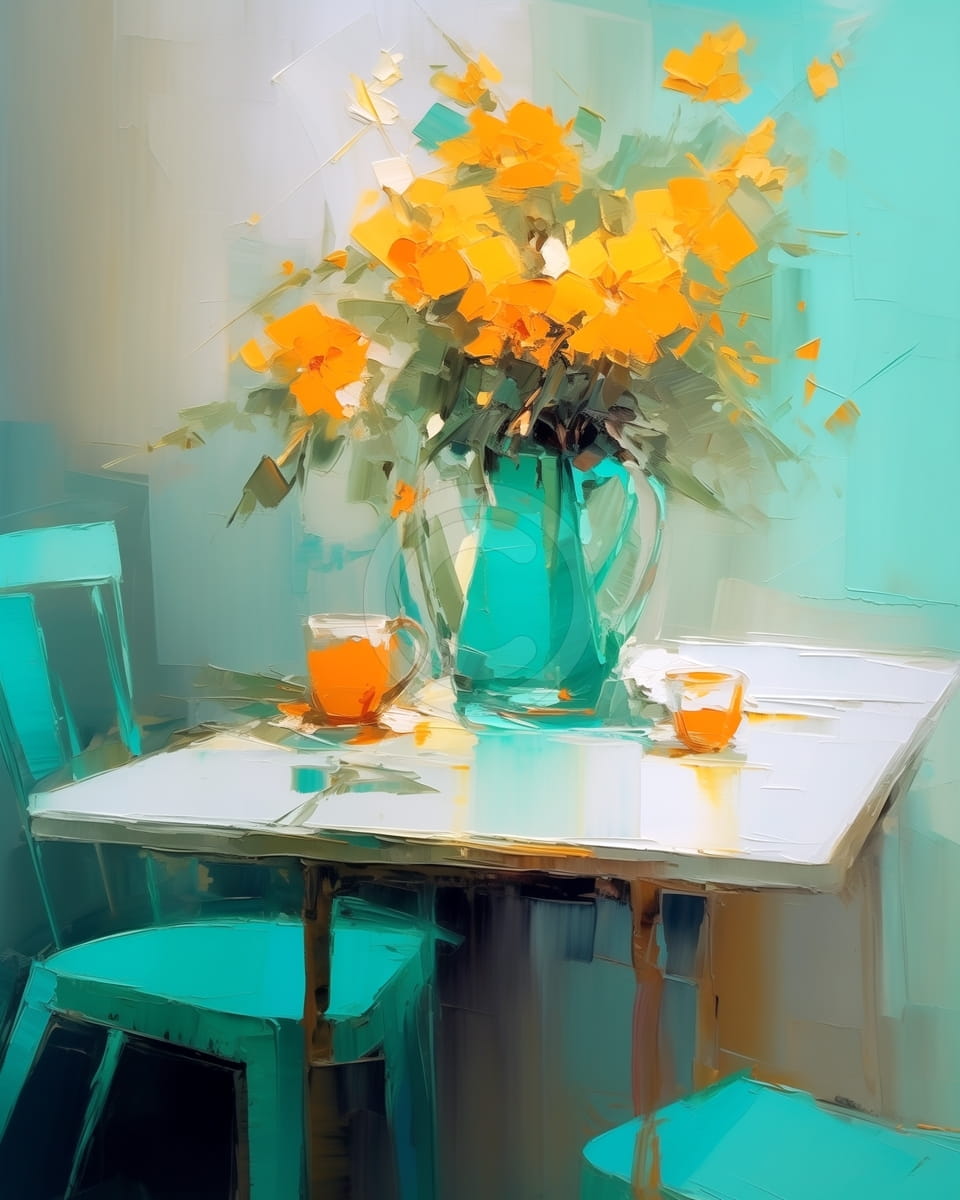 Fleurs Jaunes sur Table Turquoise