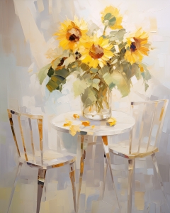 Tournesols sur Table Ronde avec Deux Chaises