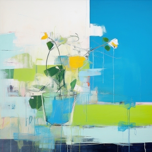 Yellow Flowers in Abstract Vase with Blue Field