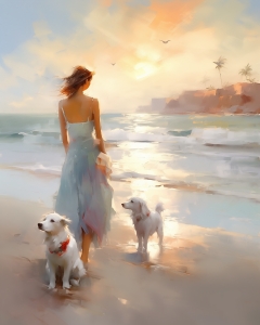 Donna che cammina sulla spiaggia con due cani
