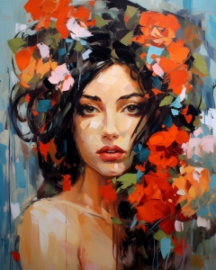 Mujer con cabello oscuro y flores rojas