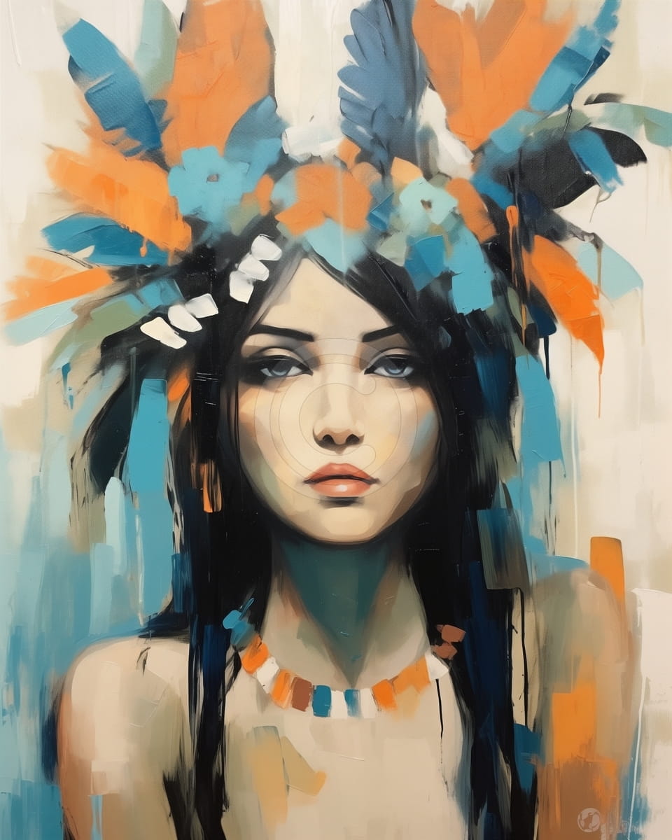 Donna con Copricapo di Piume e Collana di Perline