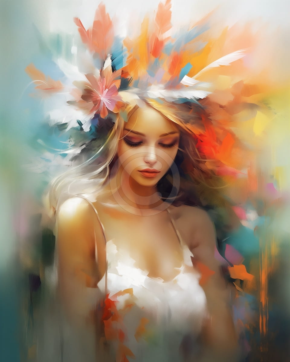 Femme avec Couronne de Plumes et Robe Blanche