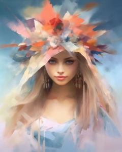 Mujer con Corona de Plumas de Colores y Ojos Azules