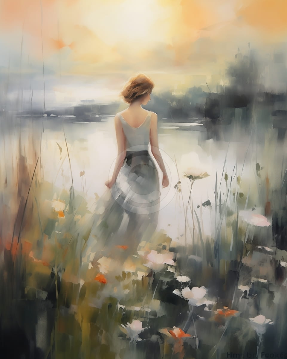 Femme dans une Prairie au Bord du Lac au Coucher du Soleil