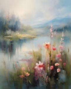 Fleurs Sauvages au Bord du Lac Brumeux