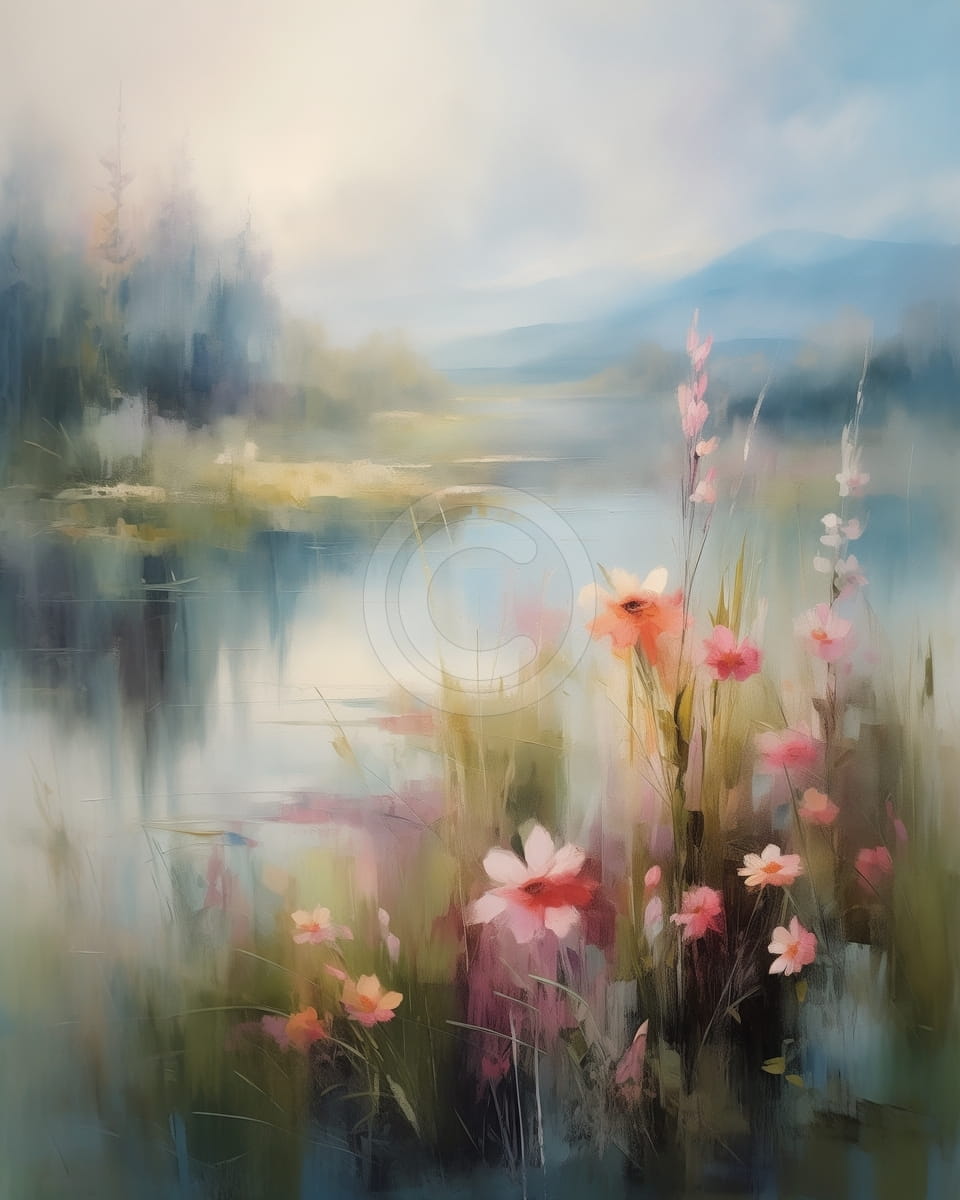 Fleurs Sauvages au Bord du Lac Brumeux