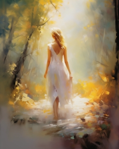 Donna in bianco nel bosco illuminato dal sole