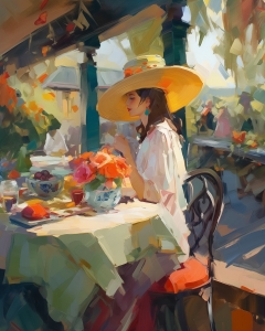 Mujer con sombrero de paja en un caf&eacute; jard&iacute;n