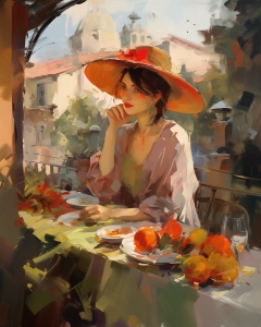 Frau mit Orangen auf sonniger Terrasse