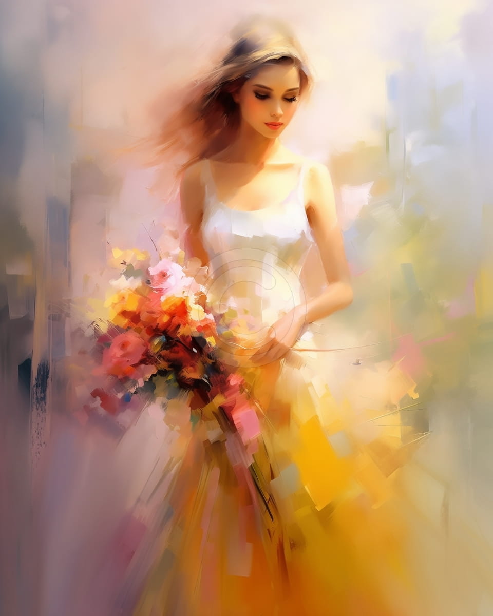 Frau im gelben Kleid mit Blumenstrauß