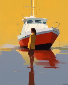 Woman Standing by a Docked Boat