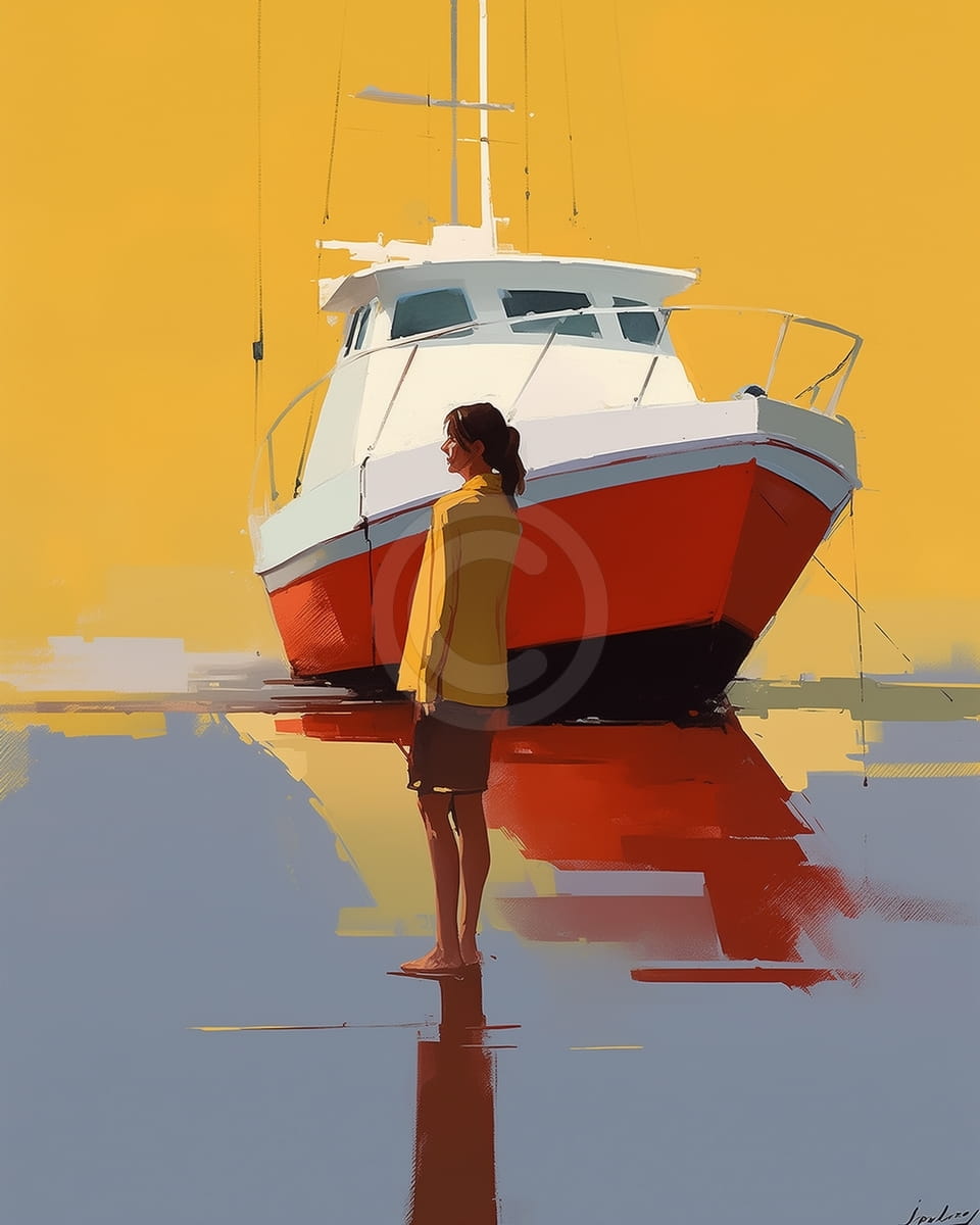 Mujer junto a un barco atracado