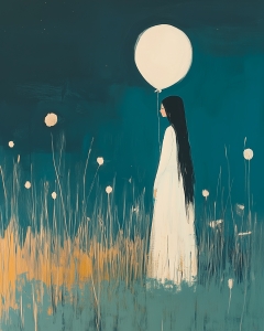 Ragazza con palloncino nel campo al chiaro di luna