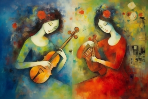Zwei Frauen mit Saiteninstrumenten