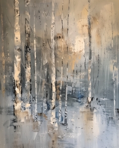 Birch Trees in a Misty Landscape