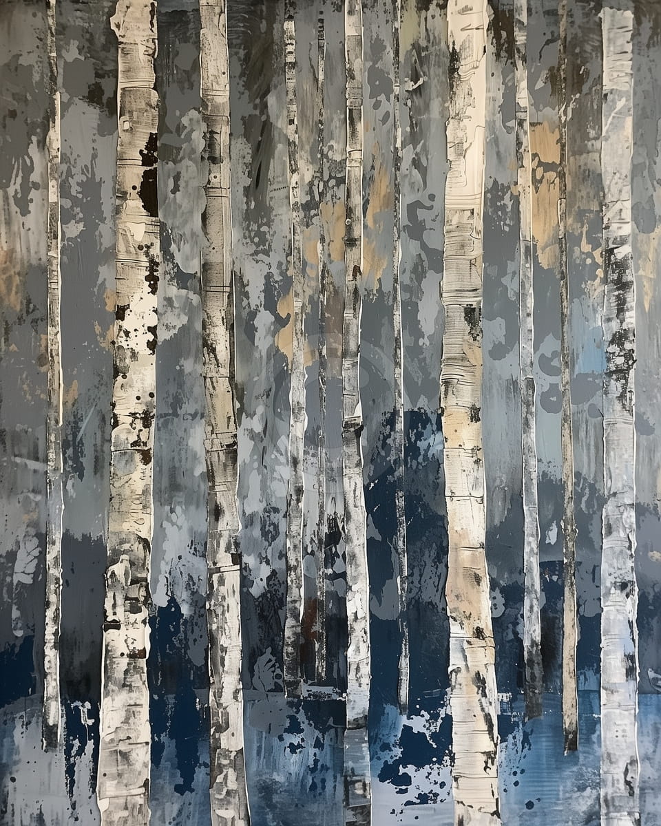 Bouleaux sur Fond de Forêt Bleu Foncé