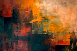 Composici&oacute;n Abstracta en Naranja y Verde Oscuro