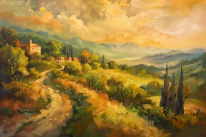 Landweg mit H&uuml;geln und Abendhimmel