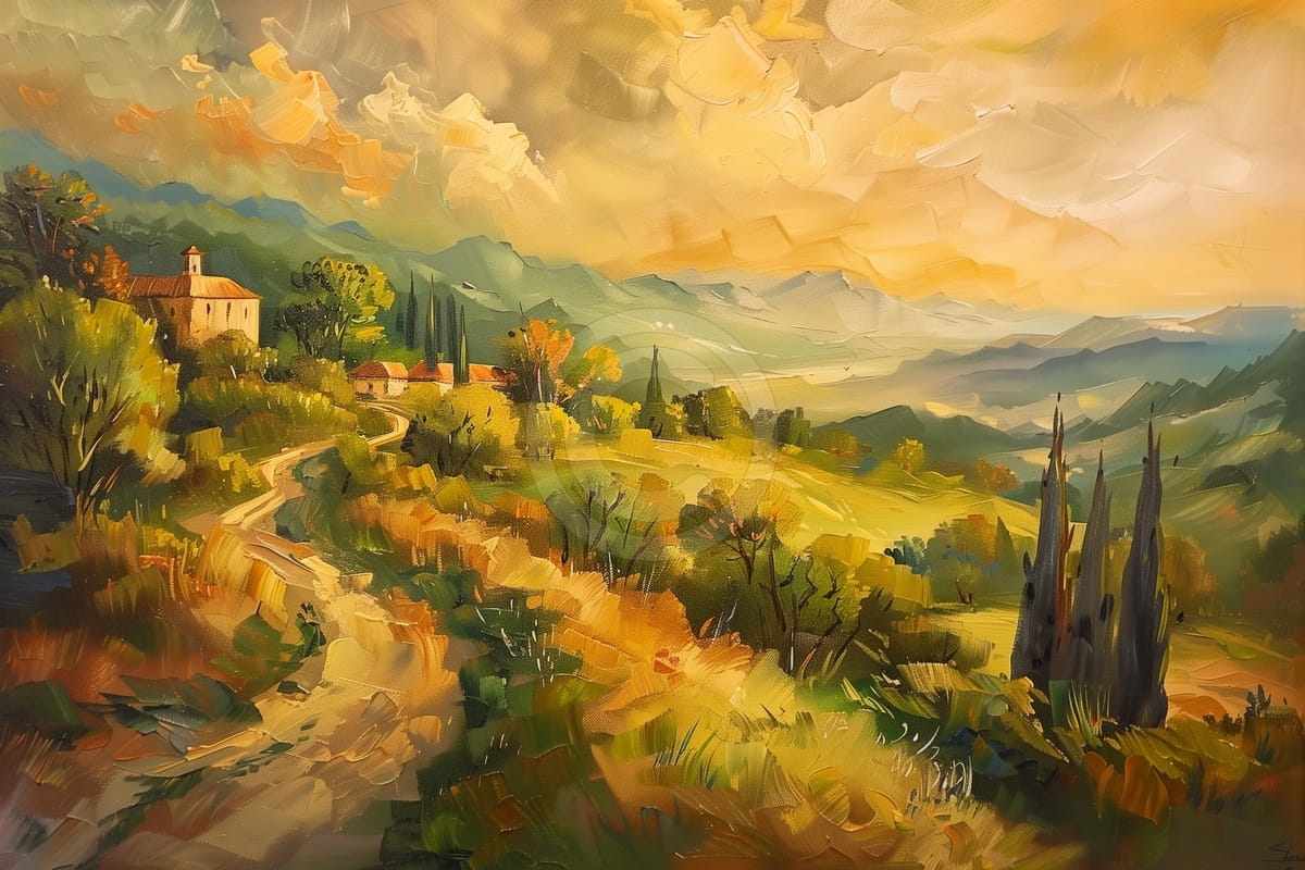 Chemin de Campagne avec Collines et Ciel au Coucher du Soleil