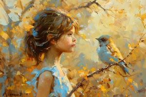 Fillette et Oiseau parmi les Feuilles d&rsquo;Automne