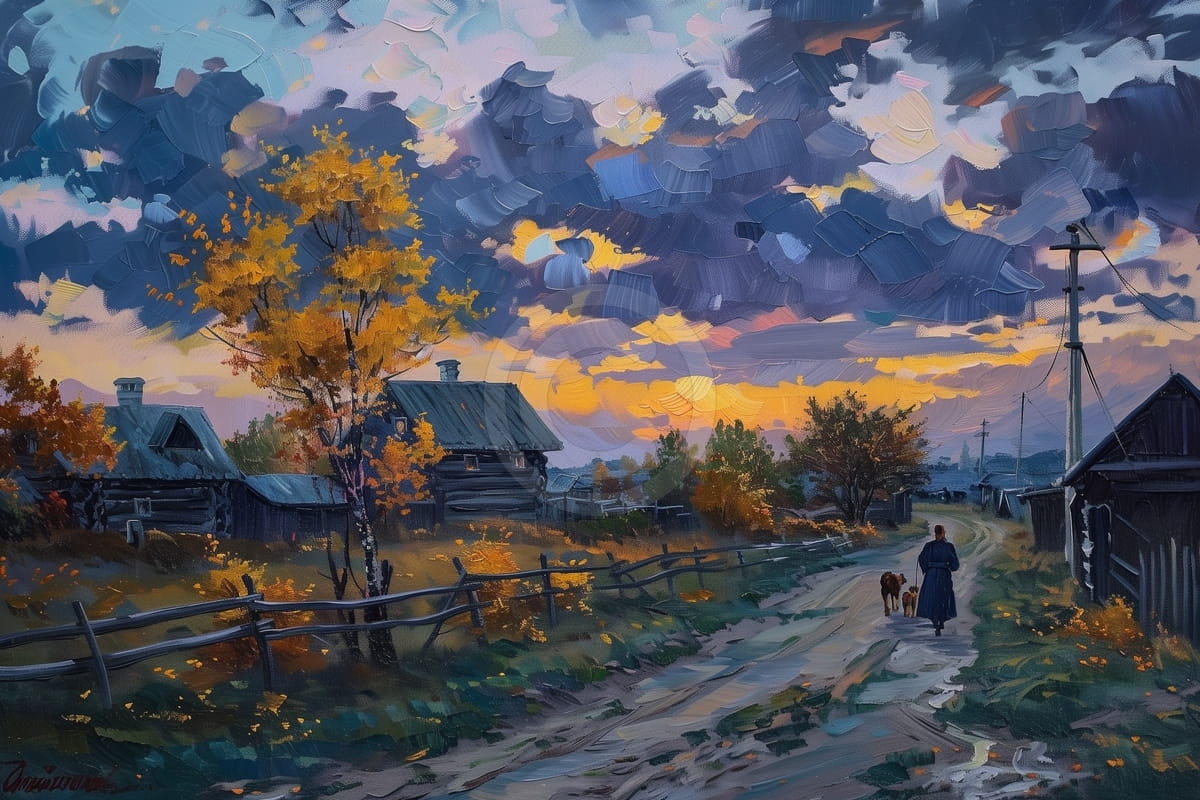 Femme marchant avec des chiens au coucher du soleil