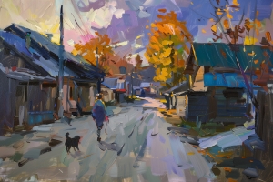 Woman Walking a Dog in the Village