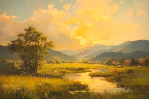 Prado junto al r&iacute;o al atardecer