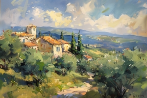 Borgo collinare con ulivi