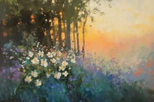 Fleurs sauvages au bord de la for&ecirc;t au coucher du soleil