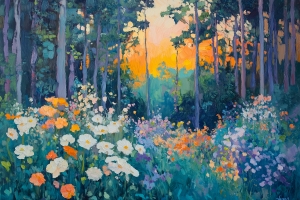Radura nel bosco al tramonto