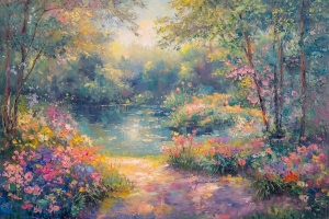 Jard&iacute;n de flores junto al estanque