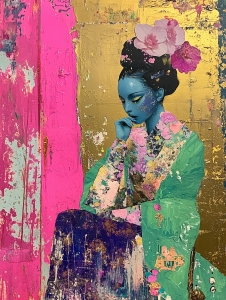 Mujer de piel azul con atuendo tradicional