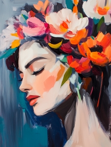 Mujer con corona de flores y ojos cerrados
