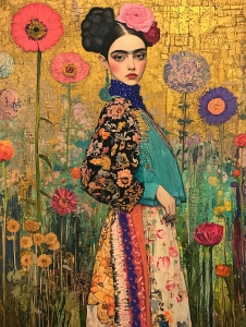 Woman in Floral Garden with Golden Background