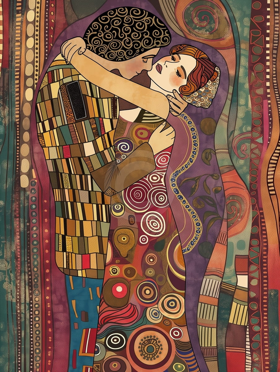 Abrazo de amantes en estilo ornamental