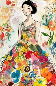 Frau in farbenfrohem Blumenkleid
